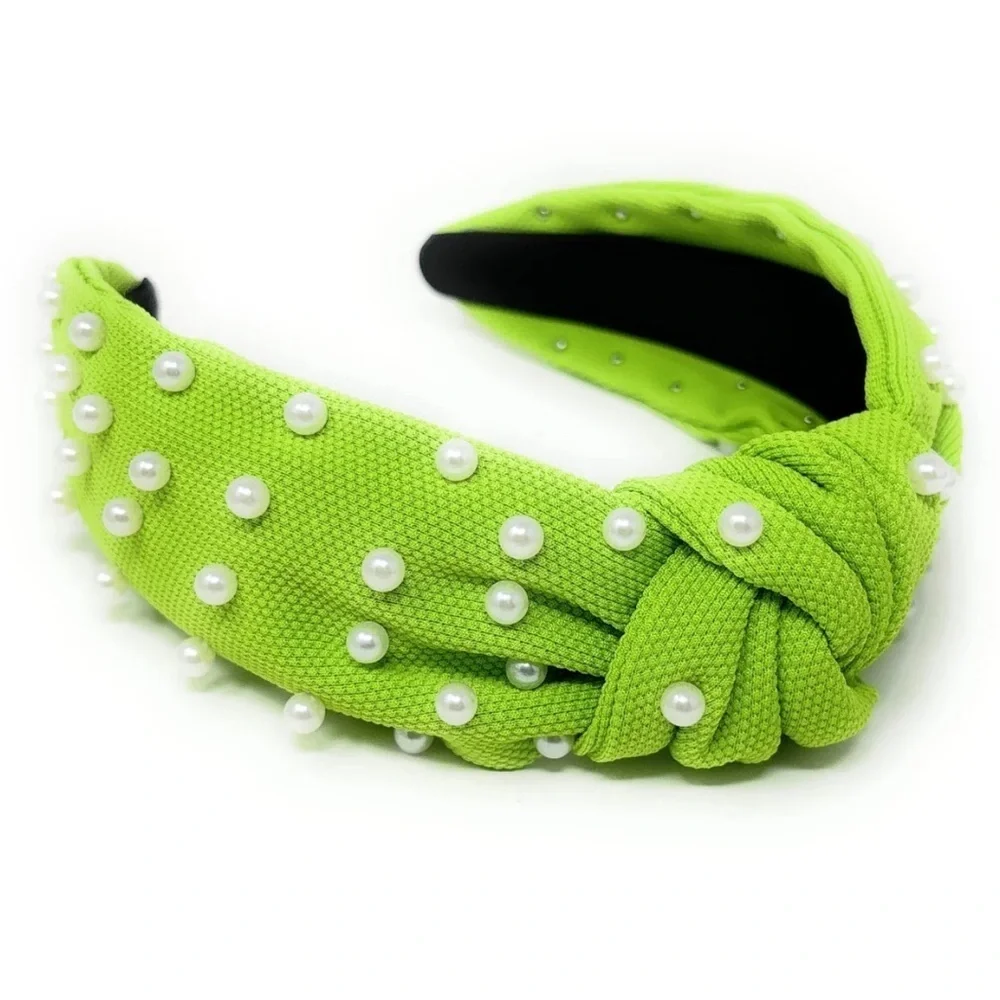 Neon Lime White Pearl Knot Headband
